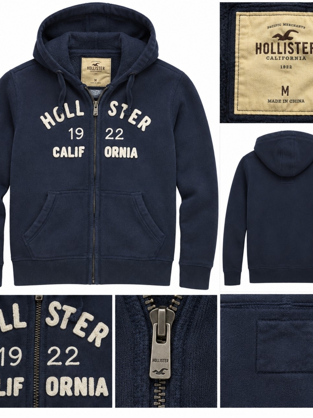 Hollister Navy Zip-Up Hoodie with Cream Lettering